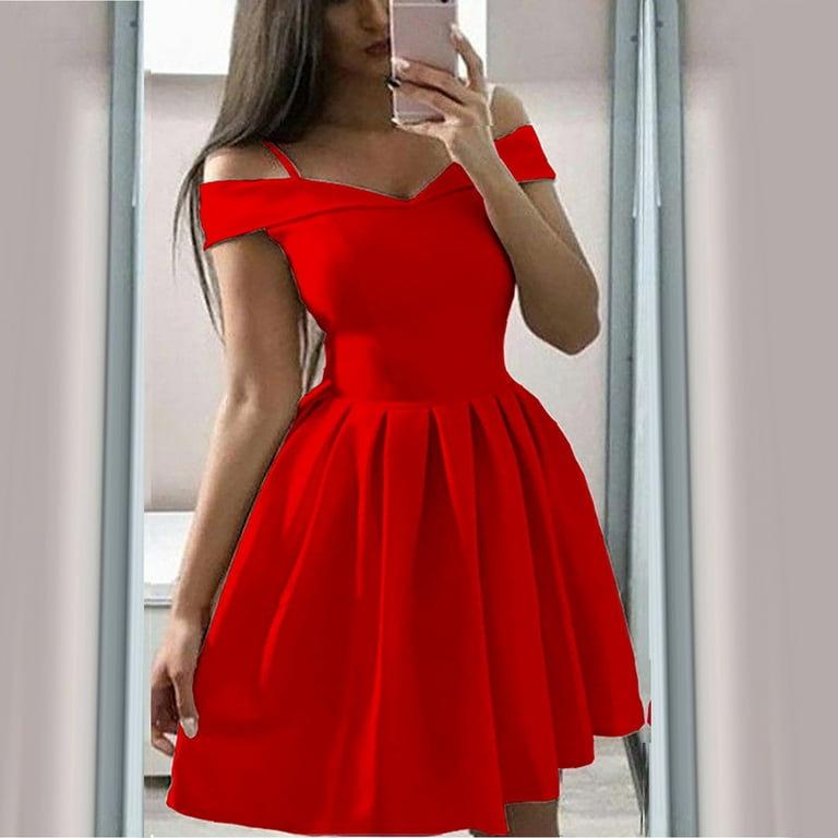 JWZUY Women's Solid Color Bra Off Shoulder Dress Waist Pleated Dress Dress  Large Swing Ball Dress Red M 