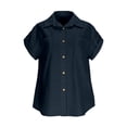 thumbnail image 5 of FINALGANG Womens Lapel Collar Roll Tab Short Sleeve Solid Color Dual Bust Pocket Curved Hem Loose Button Down Shirt Relaxed Fit For Ladies Office Daily Outdoor Outing Navy M, 5 of 6