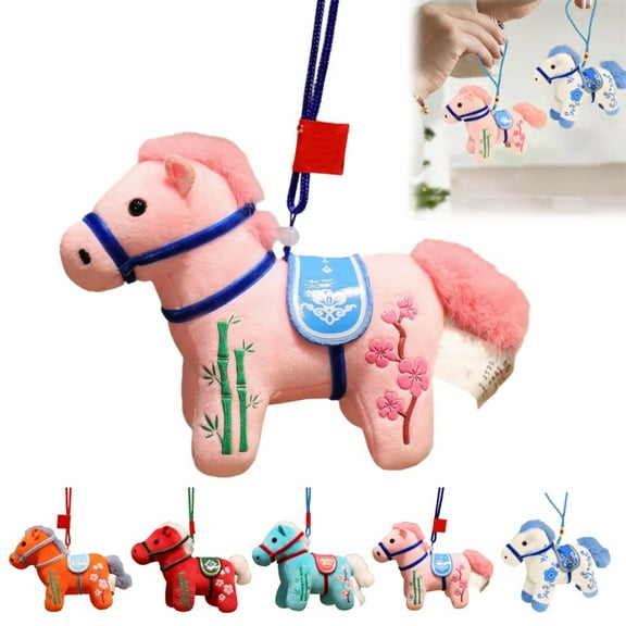 Chinese New Year 2026 Horse Plush Figurine, Lucky Chinese Zodiac Mascot Hanging Decoration for Indoor Outdoor Use, Zodiac New Year Blessing Souvenir(Pink)
