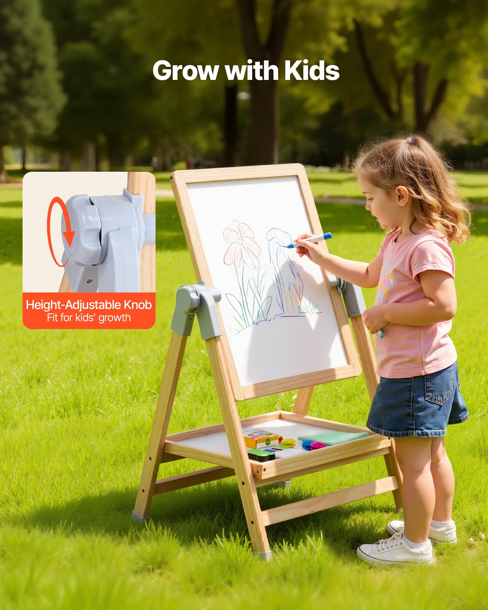 VEVOR Art Easel for Kids, 2-in-1 Wooden Double-Sided Kides Art Easel with Magnetic Whiteboard & Chalkboard, Adjustable Standing Rotatable Foldable Drawing Board with Painting Accessories for Boy Girl