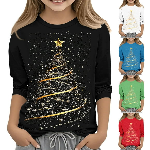 MKOSPLRT Kids Christmas Shirts 3/4 Sleeve Crewneck T Shirts Funny Xmas Tree Graphic Tees Christmas Kids Gift Sets 3-12 Years