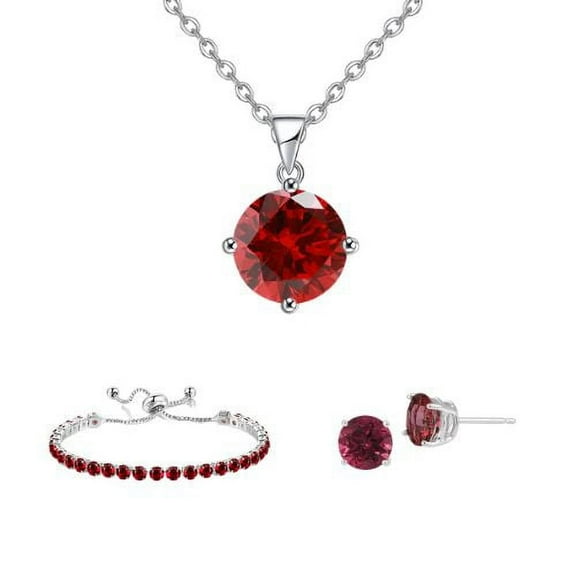 Bonjour Jewelers 10k White Gold 7 Ct Round Created Ruby Set Of Necklace, Earrings And Bracelet Plated