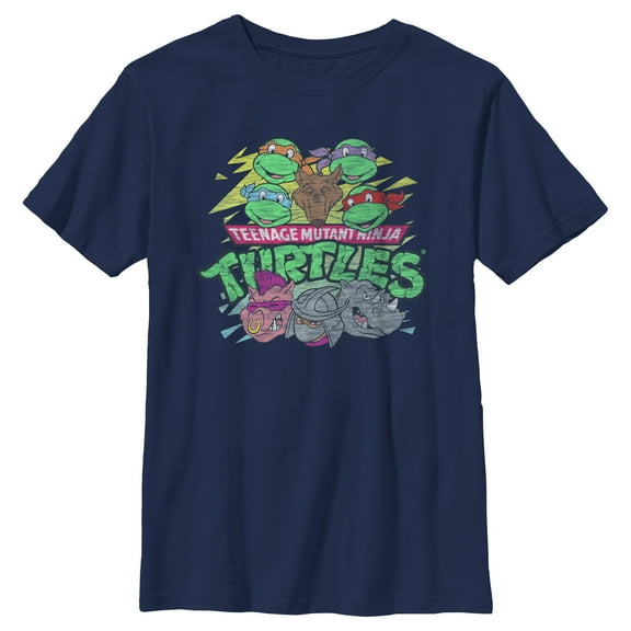 Boy's Teenage Mutant Ninja Turtles Distressed Characters and Villains Graphic Tee Navy Blue Medium
