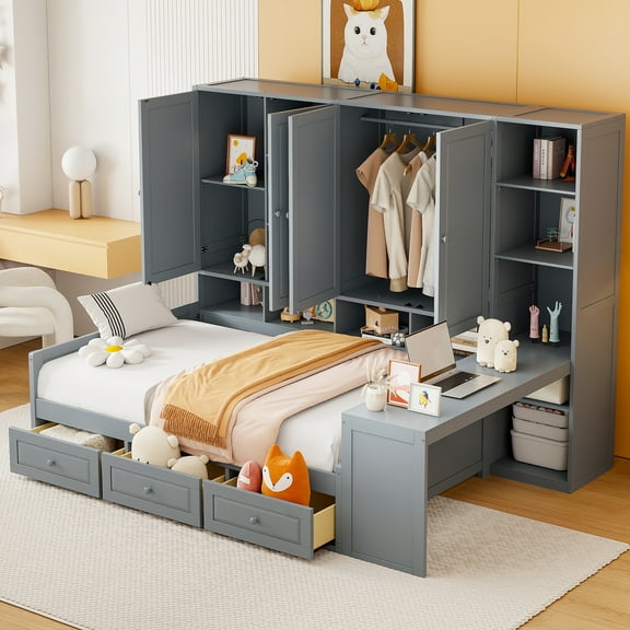 Full Size Wooden Daybed With Three Drawers, and All-in-One Cabinet, Desk and Shelves, Gray