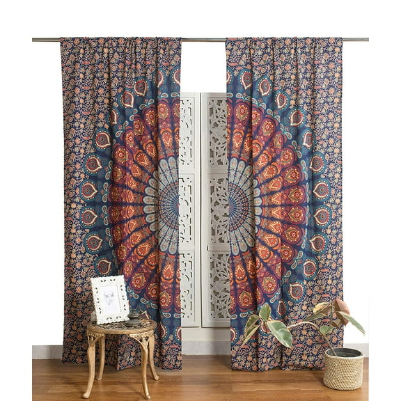 Pop Popular Handicrafts Indian Hippie Bohemian Beautiful Peacock Mandala Curtain Panels Blue Multi