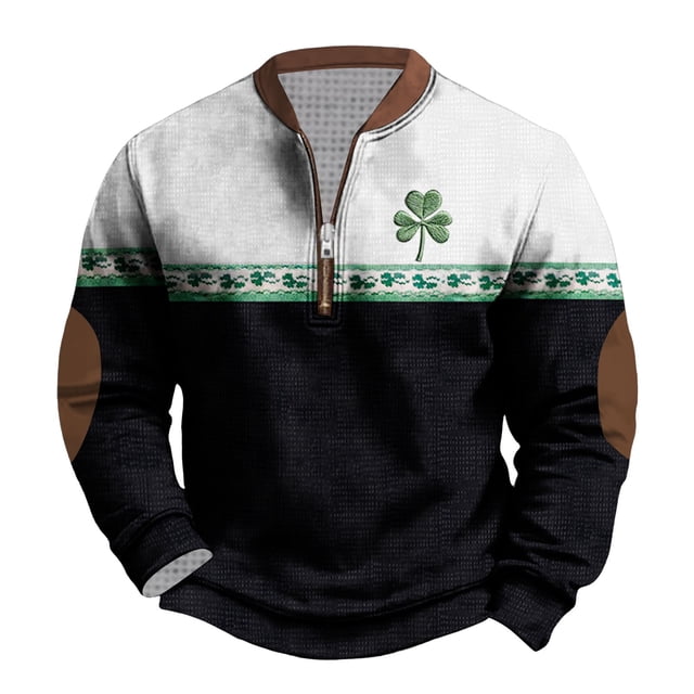 Penkiiy Día de San Patricio de hombre 1/4 Sweatshirt de cuello cremallera Shamrock Camisa irlandesa de manga larga M Blanco