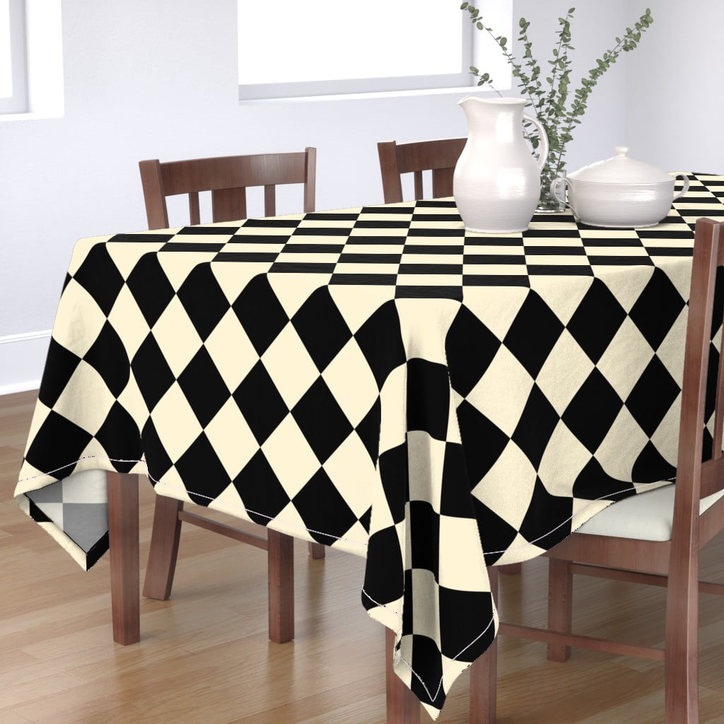 Round Tablecloth Harlequin Checkered Cream Black Chessboard Cotton Sateen