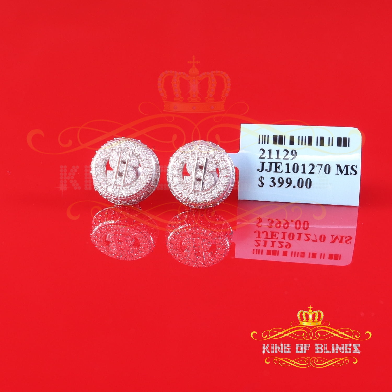 King of Bling's 925 Silver White 1.00ct VVS 'D' Moissanite Dollar Sign Men's/Womens Stud Earring