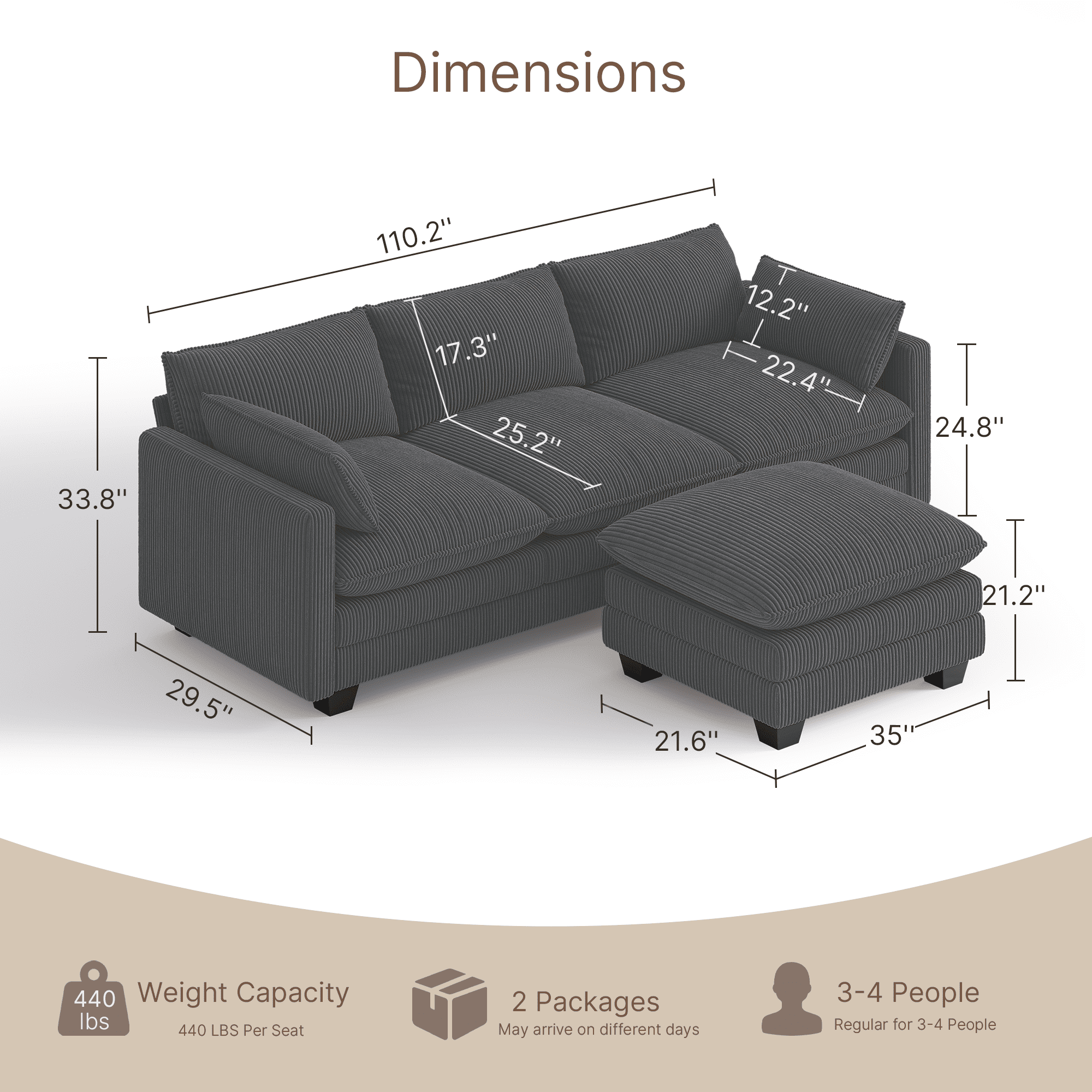 110'' Oversized L Shaped Couch for Living Room, Cloud Couches with Washable Corduroy Cover, Modern 4-Seater Comfy Deep-Seat Sofa with Movable Ottoman and 2 Throw Pillows for Apartment, Grey