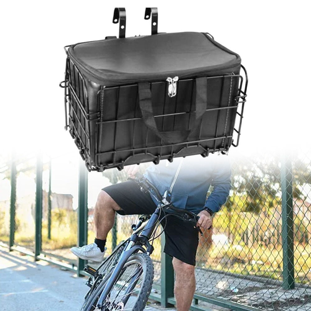 Ebike Bike Basket Front/Rear Folding Bicycle Basket With Removable Liner Pu Bag Black Inner Bag Fangkenuo