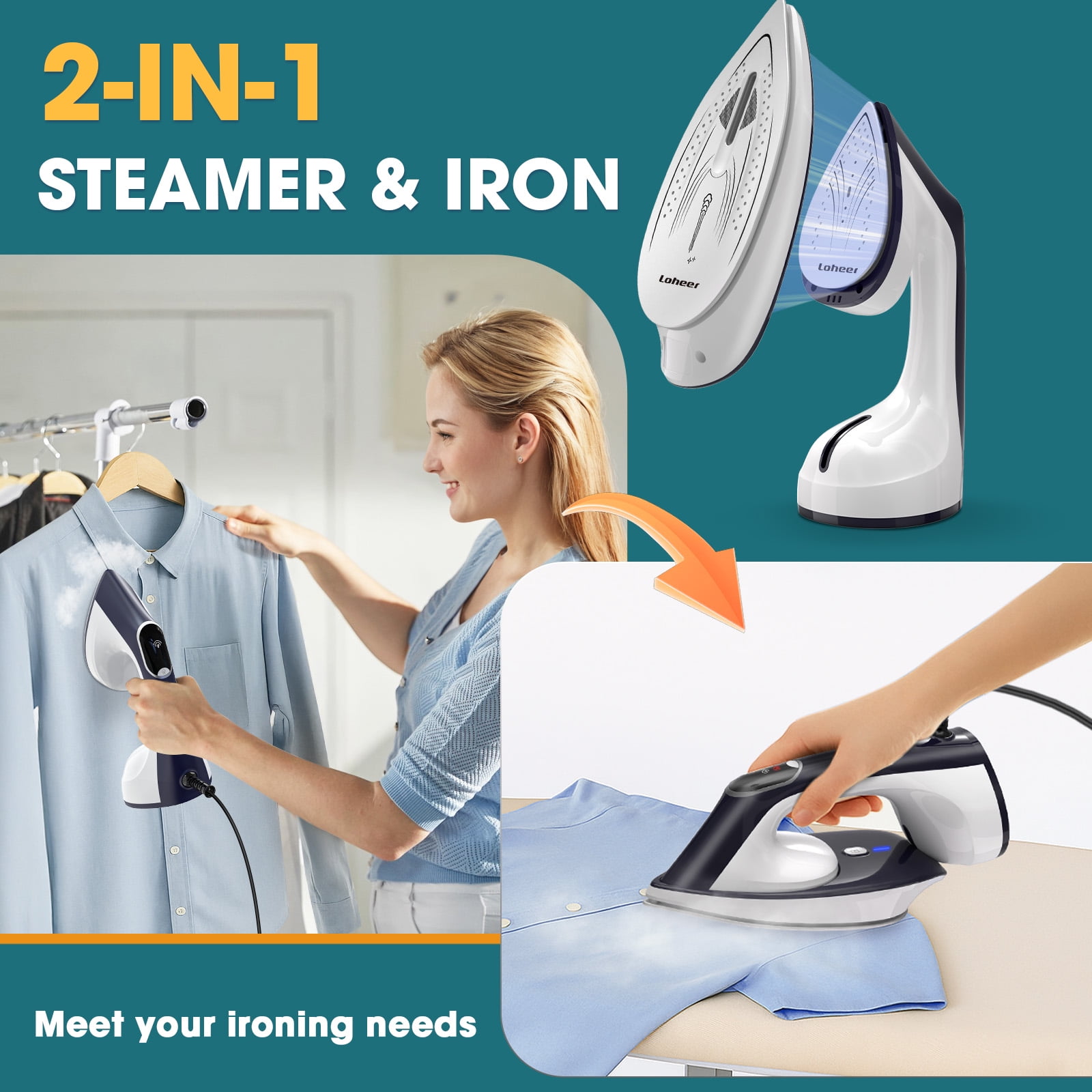 Loheer 1600W Steamer for Clothes, 2-in-1 Steamer & Iron with Large Ceramic Plate, Powerful Turbo Steam, Smart Temperature Control, Auto-off, Wrinkle Remover for All Fabrics