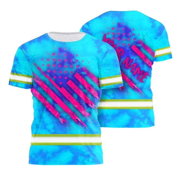 Hi Vis Shirt Reflective Tapes Pink and Blue USA Flag Custom Name Safety Workwear for Workers, Truckers, Operator, Cyclists, Patriotic