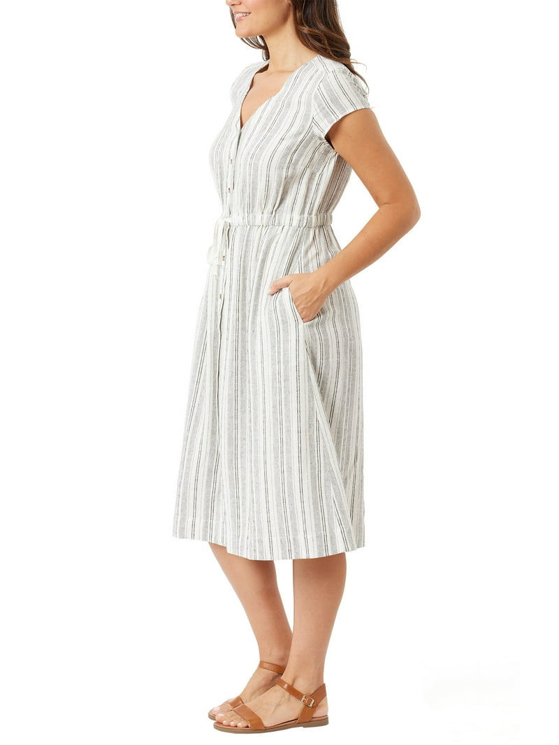 briggs linen blend dress Briggs Women's Linen Blend Dress with Drawstring Waist (Cream Stripe, Large)