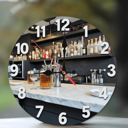 Bar Clock Marble Beer Pub Decor Wall Art 10-Inch Silent Wooden Wall Clock, Battery Operated (AA Batteries Not Included), Artistic Home Decor