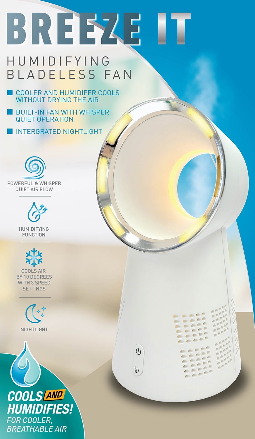 BREEZE IT Bladeless Fan with Humidifier & LED Nightlight, 3-Speed Settings,  10" Height (New)