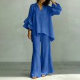 thumbnail image 5 of BRELIL Women Plus Size Two Piece Set V Neck Ruffle Sleeve Shirt Wide Leg Pants Casual Summer Loungewear Solid Boho Vacation Outfits Tracksuit Loose 2 Piece, Blue 4XL, 5 of 5