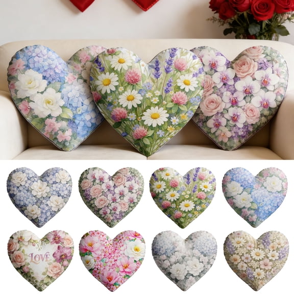 Heart Shaped Floral Throw Pillow Soft Decorative Cushion for Couch, Bed, Romantic Home Decor or Valentine’s Day Gift