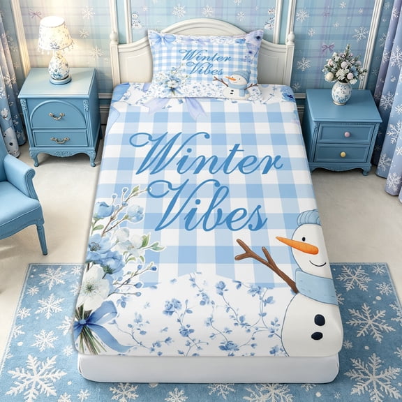 Manfei Cartoon Bow Snowman Twin Fitted Sheet 2 Pieces,Merry Christmas Bedding,1 Fitted Sheet and 1 Pillowcase