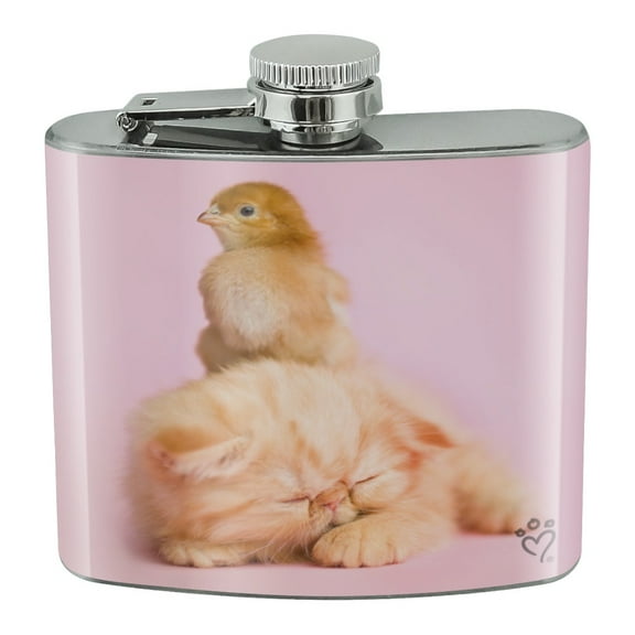Persian Kitten Cat and Chicken Chick Stainless Steel 5oz Hip Drink Kidney Flask