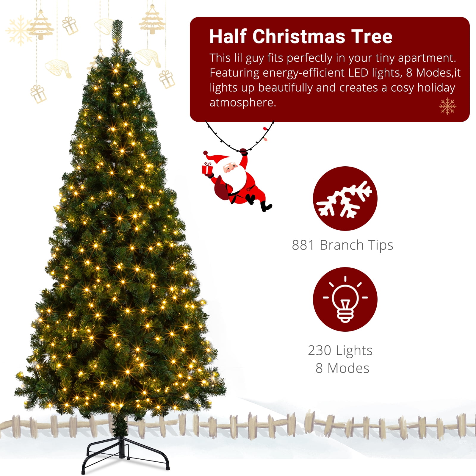 Astoutdoor 7 ft Half Christmas Tree with 230 LED Lights, 881 Branch Tips, Green PVC, Iron Bracket