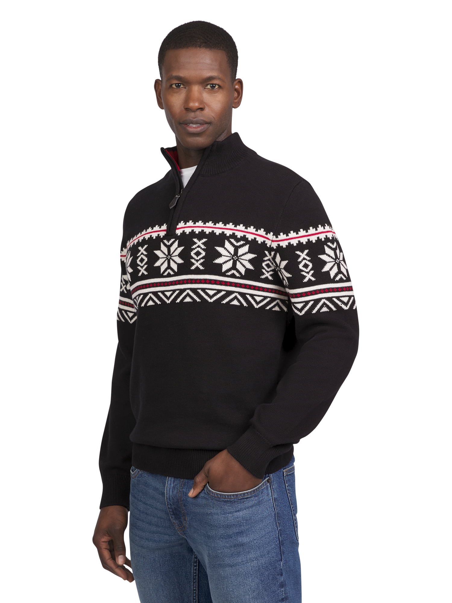 Chaps Men's & Big Men's Quarter Zip Pull Over Holiday Snowflake Sweater, Sizes S-2XL