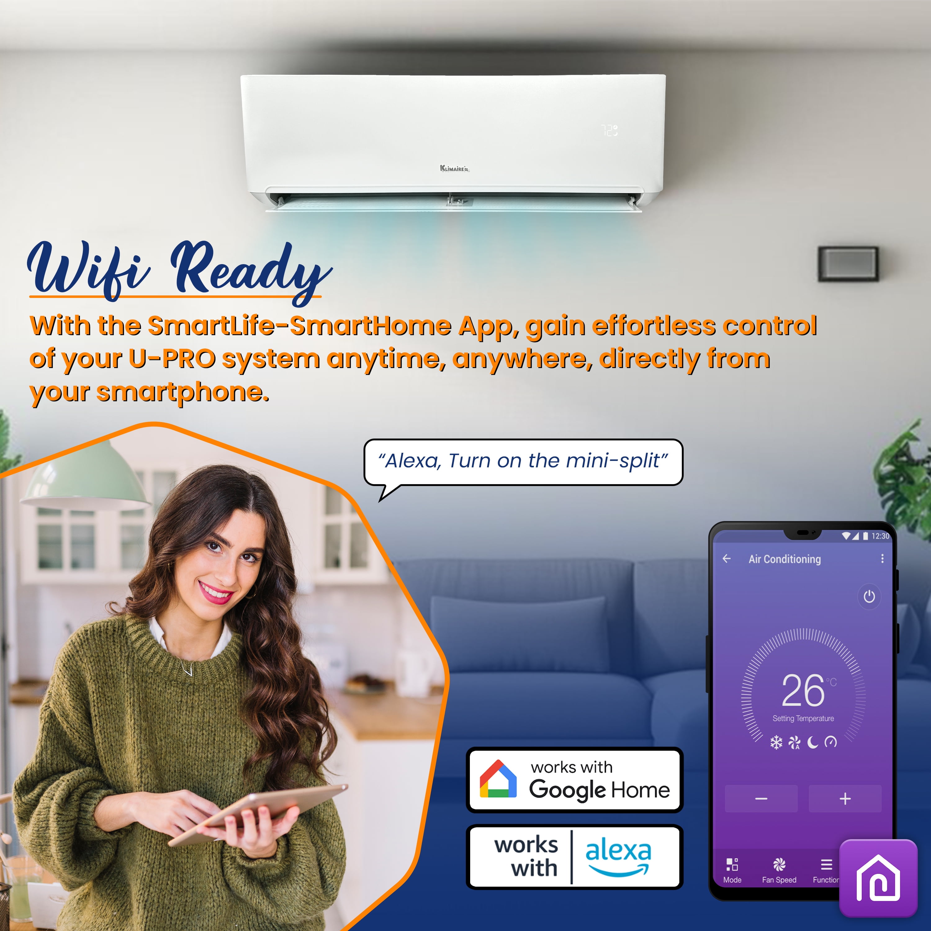 Klimaire 12,000 BTU 22 SEER2 Ductless Mini-Split Heat Pump Air Conditioner 550 sq. ft. (115V)