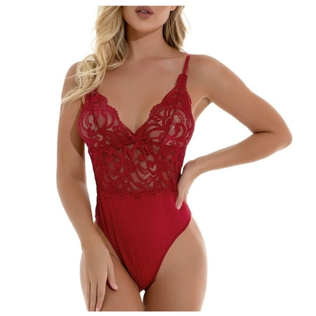 

QWERTYU Women s Bodysuit Sexy Eyelash See Through One Piece Lingerie Lace Teddy Red L