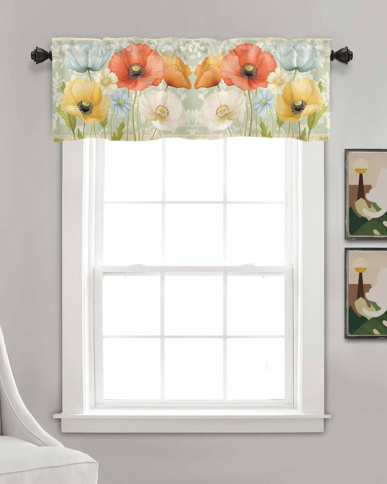Vintage Spring Floral Kitchen Valances for Windows Farmhouse Linen Window Valance Curtain for Living Room Window Treatment Watercolor Pastoral Summer Botanical Valance Rod Pocket Topper, 54 x 18 Inch