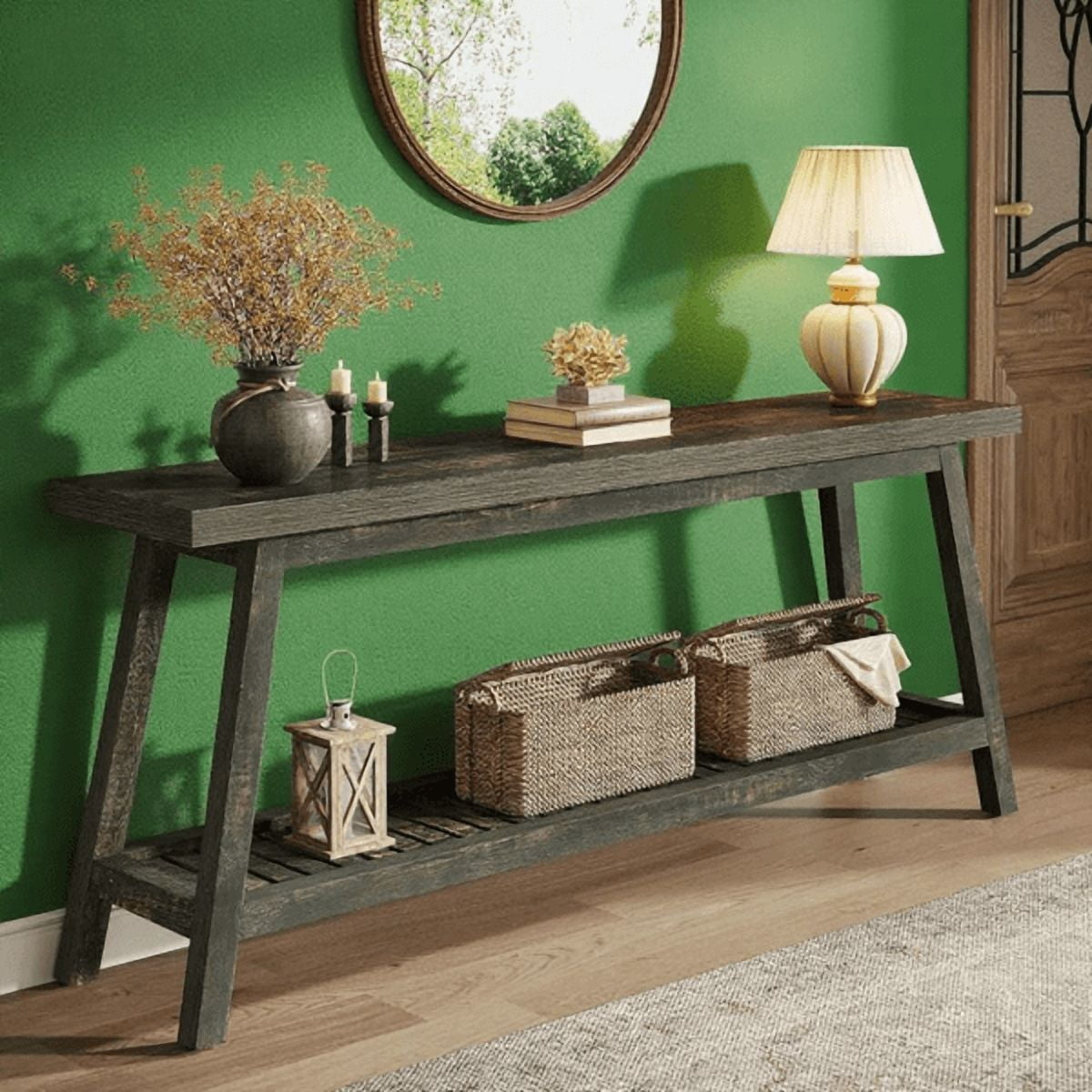 70.9" Farmhouse 2-Tier Console Table - Vintage Wood Grain, 1.97" Thick Engineered Wood, Sturdy Trapezoid Base for Entryway, Hallway, Behind Couch