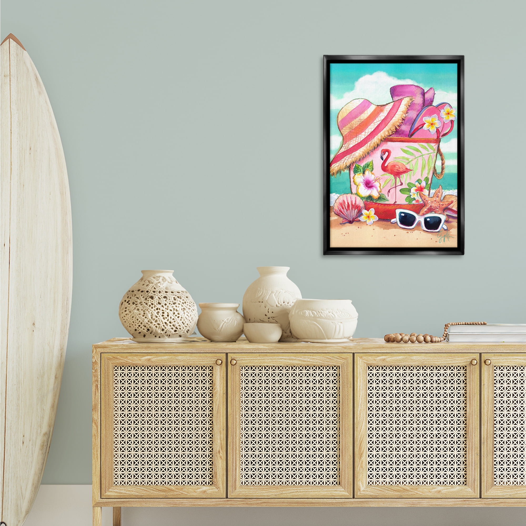Stupell Industries Floral Beach Bag Nautical & Beach Painting Black Floater Framed Canvas Art Print Wall Art, 21 x 31
