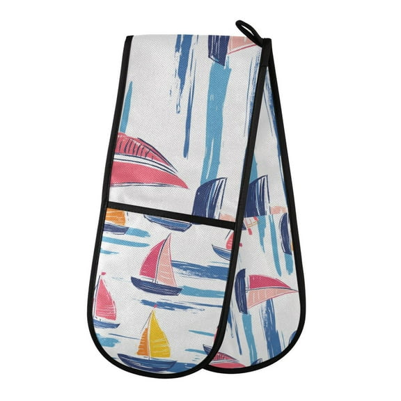 Yayeee Double Oven Mitt Kitchen Heat Resistant Baking 35" x7" Quilted Glove, Pink Hand Drawn Sailboats