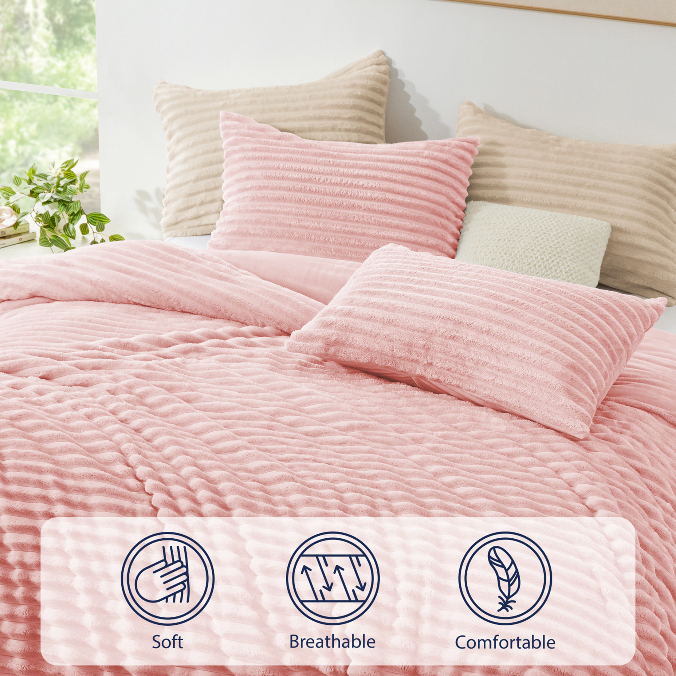 Love's cabin Fleece King Size Comforter Set 3-Piece - Super Soft Faux Fur Stripe Jacquard Bedding, 1 Warm Winter Fluffy Comforter with 2 Pillowcases, Pink