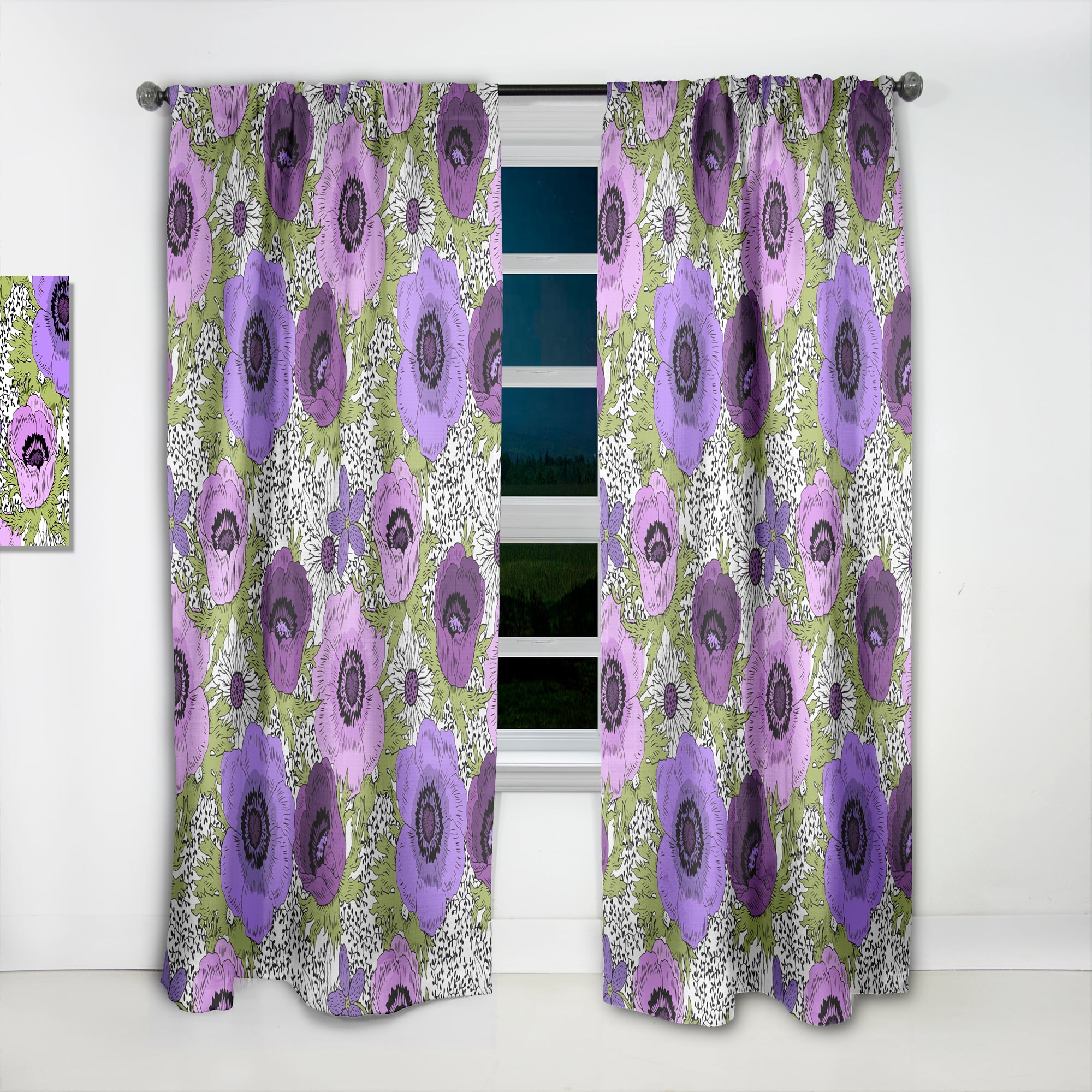 Designart 'Purple Fantasy Flowers Retro Pattern' Mid-Century Modern Curtain Panel