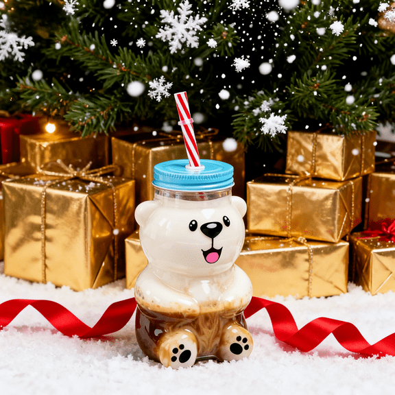 2025 Bear Glass Cold Cup, 18.6oz, Perfect for Iced Coffees, Cocktails, Cold Brews, and Ideal for Holiday Gifts and Drinkware Lovers,(1 Bear Cup with Straw)