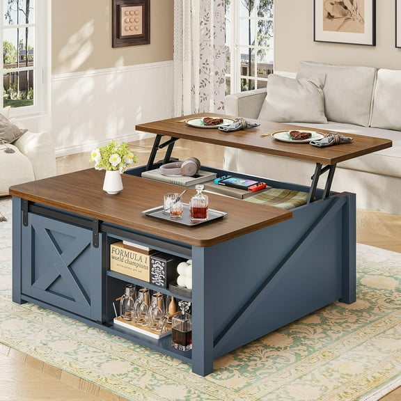 31.5" Lift Top Coffee Table with Storage, Square Coffee Tables for Living Room, Farmhouse Coffee Table with Large Hidden Storage Compartment and Adjustable Shelves, Blue
