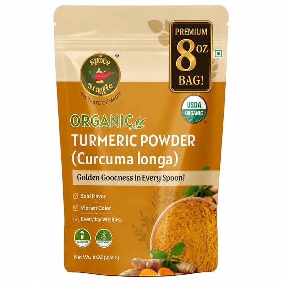 Spice Magic Organic Turmeric Powder, 8 oz (226 g) – Haldi / Cúrcuma, Finely Ground for Cooking, Golden Milk, Baking