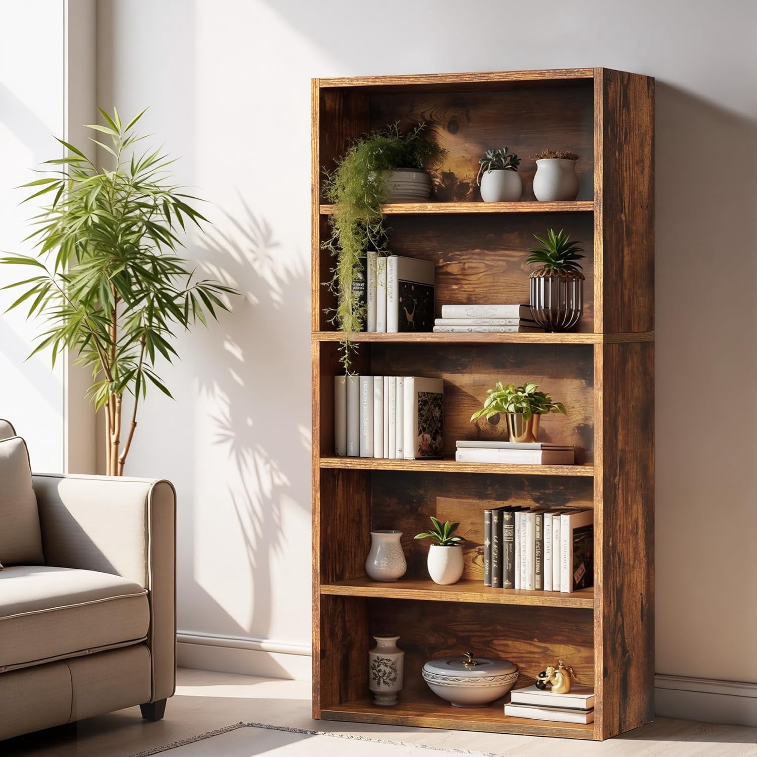 5-Tier Bookcase, 53 Inch Industrial Storage Wall Shelf, Display Shelf for Living room, Bedroom, Retro Brown