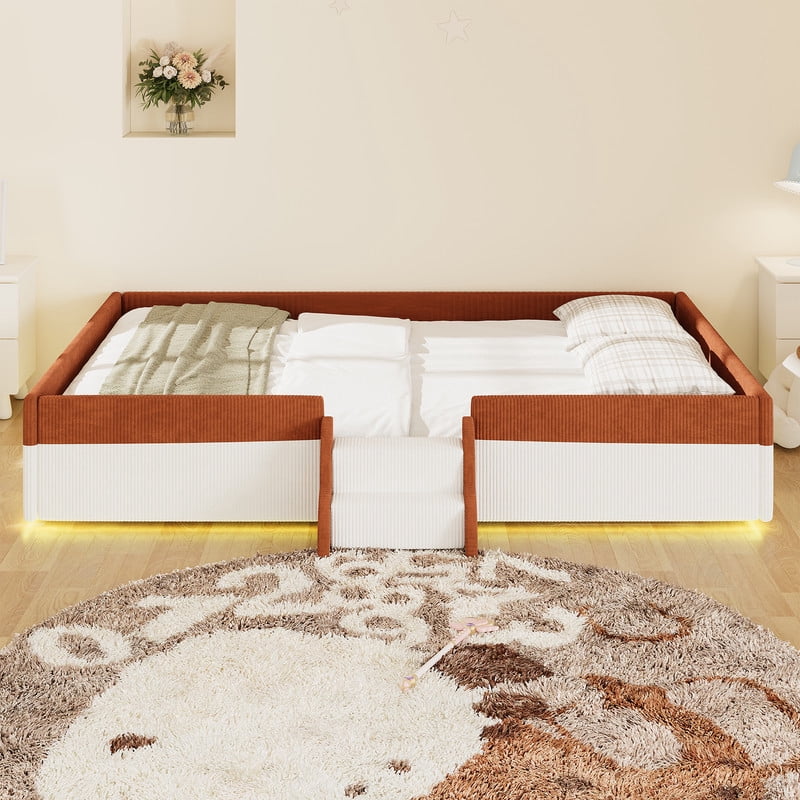 Queen Size Upholstered Floor Bed with Fence, Corduroy Montessori Bed Toddler Bed with 2-Tier Steps and Smart LED Lights, Low Profile Platform Bed for Kids