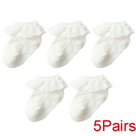 

5Pairs Baby Girls Ruffled Lace Socks White Flower Stockings S Beige