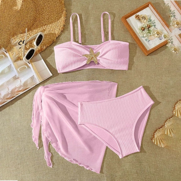 Swimsuits for Girls Size 9-10Y Solid Halter Two Piece Swimsuit Metal Starfish Detail Wrap Skirt 2 Piece Girls Bathing Suits