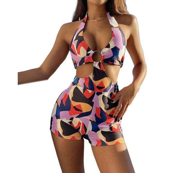 Women One-Piece Swimsuit Halter V-Neck Backless Metal O-Ring Monokini Cutout High Waist Boyleg Shorts Bathing Suit