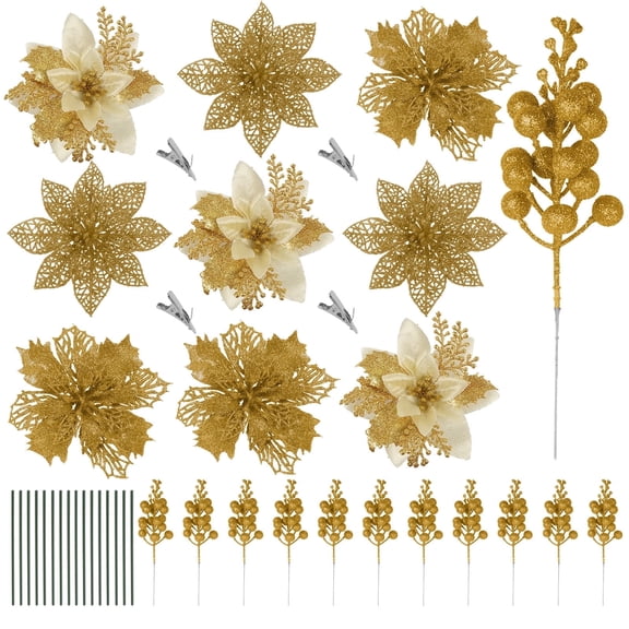 RECUTMS 66 Pcs 3 Styles Christmas Glitter Poinsettia Flowers Artificial Christmas Tree Ornaments with Clips for Xmas Wedding Wreath Floral Decorations (Gold)