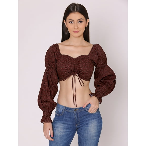 HERE&NOW Women's Printed Cotton Crop Top Long Balloon Sleeves Sweetheart Neck High Waist Summer Wear Western Style High Rise Top