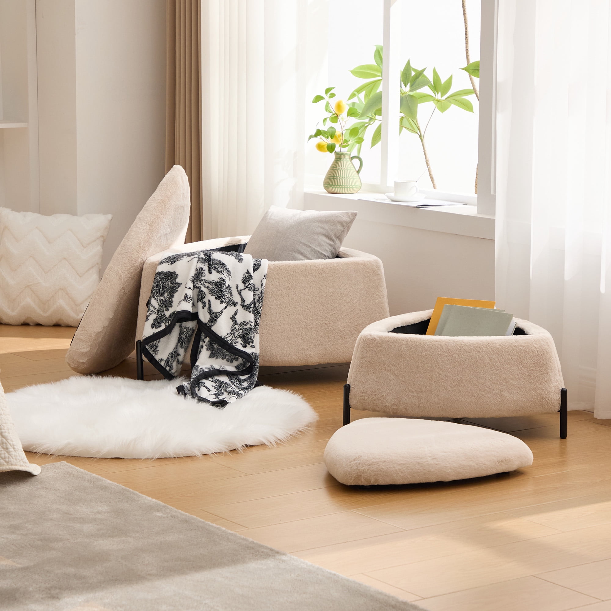 Ottoman Set, Light Camel Faux Fur 2-Piece Set with Large Ottoman Featuring Reversible Wooden Tray Lid and Small Hidden Ottoman, for Footrest, Coffee Table, Seating