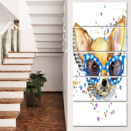 Design Art 'Cute Puppy with Blue Glasses' 5 Piece Painting Print on Wrapped Canvas