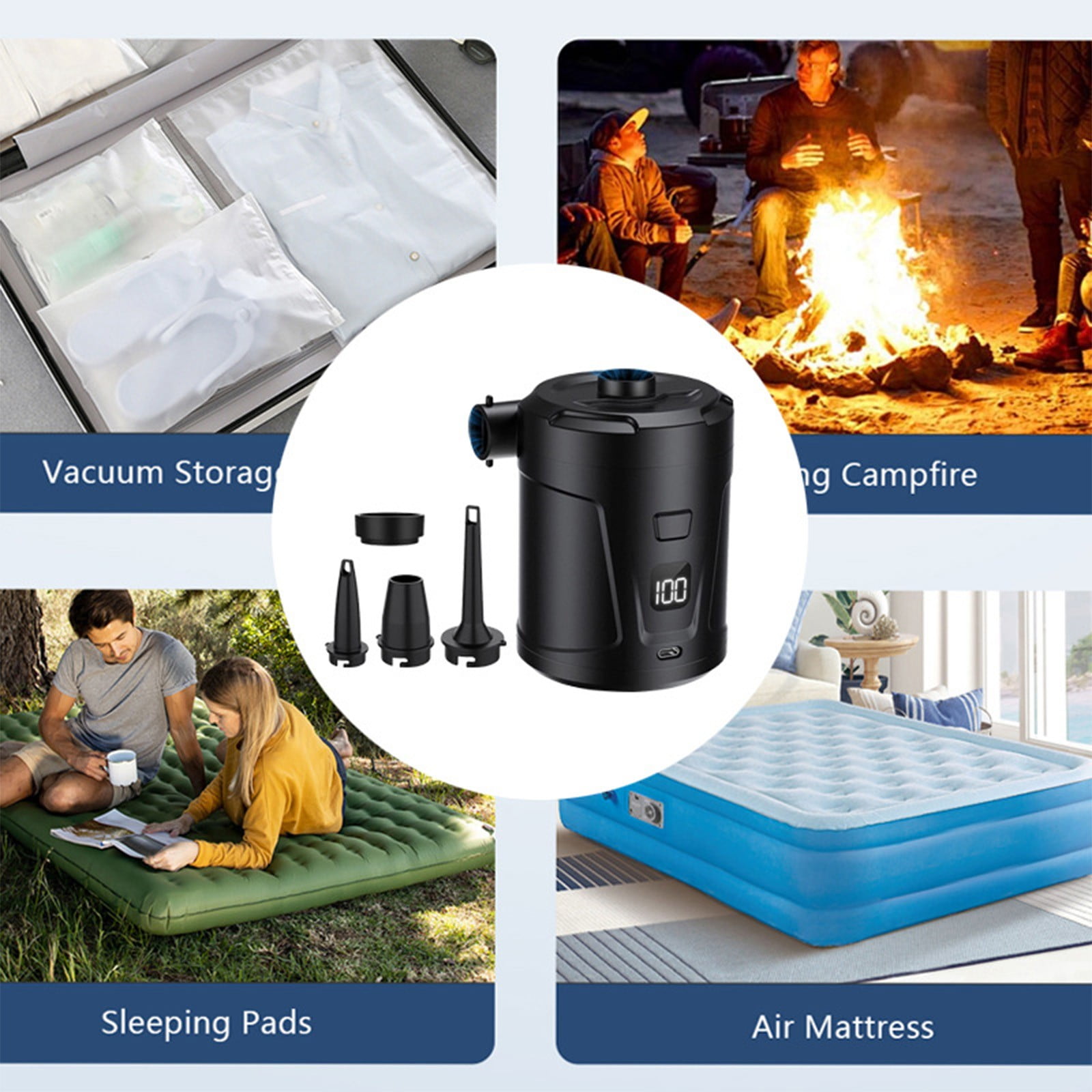 COM1950s Portable Electric Air Pump,Rechargeable Inflator Deflator for Tires Mattress Pool Toys,Compact Camping Pump with 5200Mah Battery,Fast Inflation 280L/Min,Car Home Outdoor Use