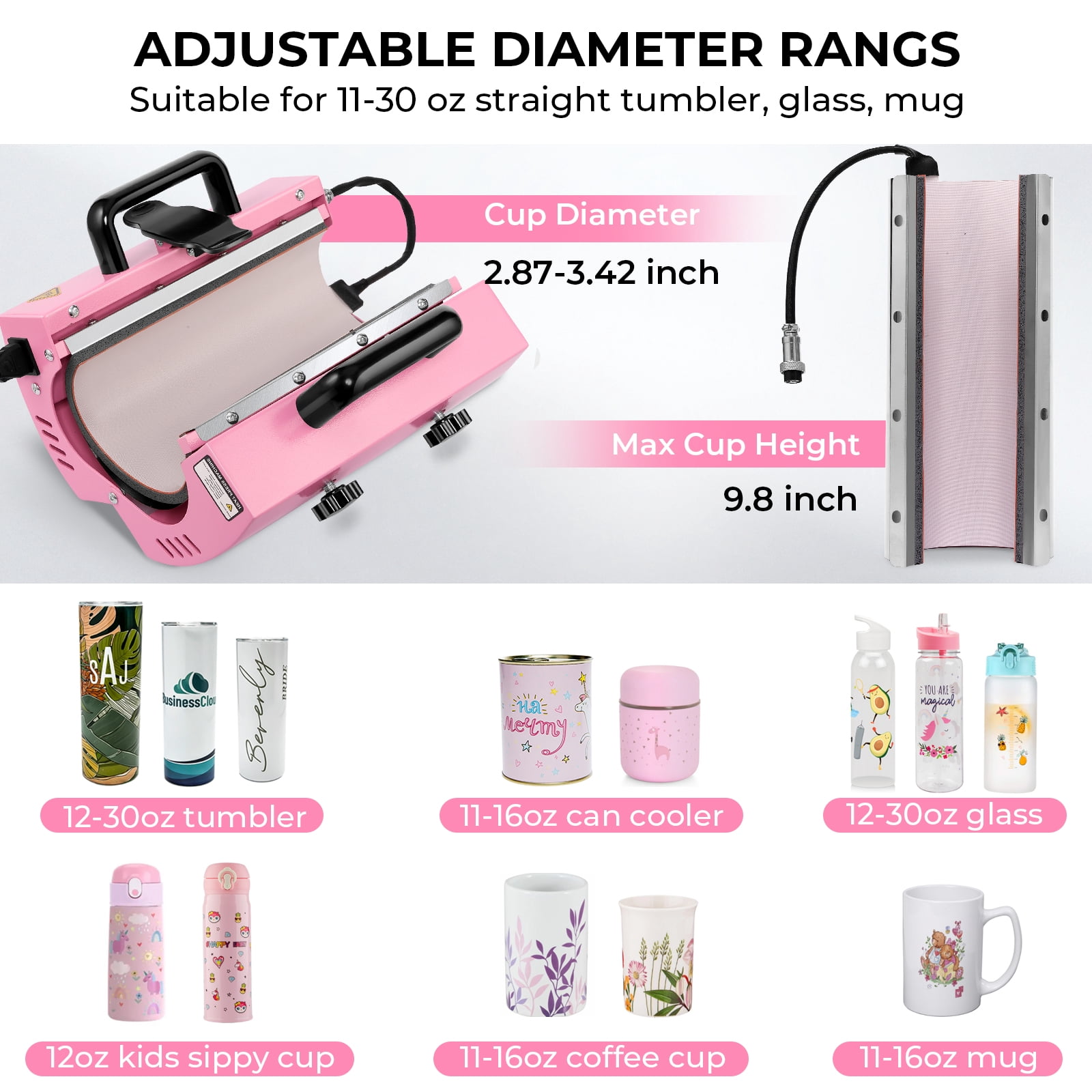 Qhomic Tumbler Heat Press, 30oz Mug Heat Press Machine Sublimation Transfer Straight Skinny Tumblers, Cup Heat Mug Press DIY Mug Cup Heat Transfer, Pink