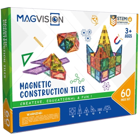 MagVision 60-Piece Magnetic Building Tiles Set  STEM Education Construction Set  Extra Strong and Safe Magnets  Educational Toys for Children Ages 3+ Years
