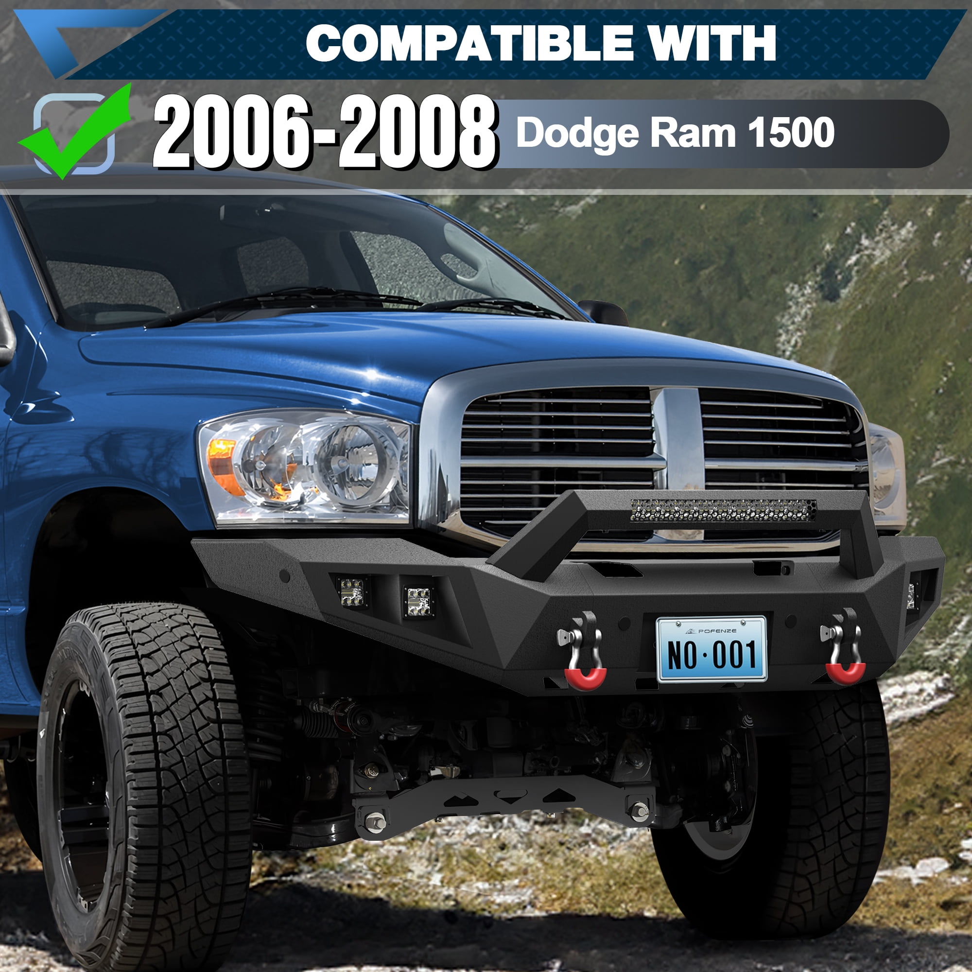 POFENZE Fits 2006 2007 2008 Dodge Ram 1500 Front Bumper Pickup Truck Bumper w/Winch Plate LED Lights