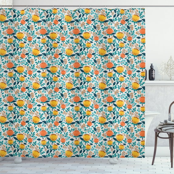 Yellow and Blue Shower Curtain, Flourishing Garden with Flowers Berries and Foliage Colorful Spring Growth, Fabric Bathroom Set with Hooks, 69W X 75L Inches Long, Multicolor, by Ambesonne